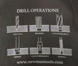 A black short-sleeve t-shirt featuring a white printed diagram titled 'DRILL OPERATIONS' with six illustrated drill and ream operations, plus the website 'www.newmantools.com'